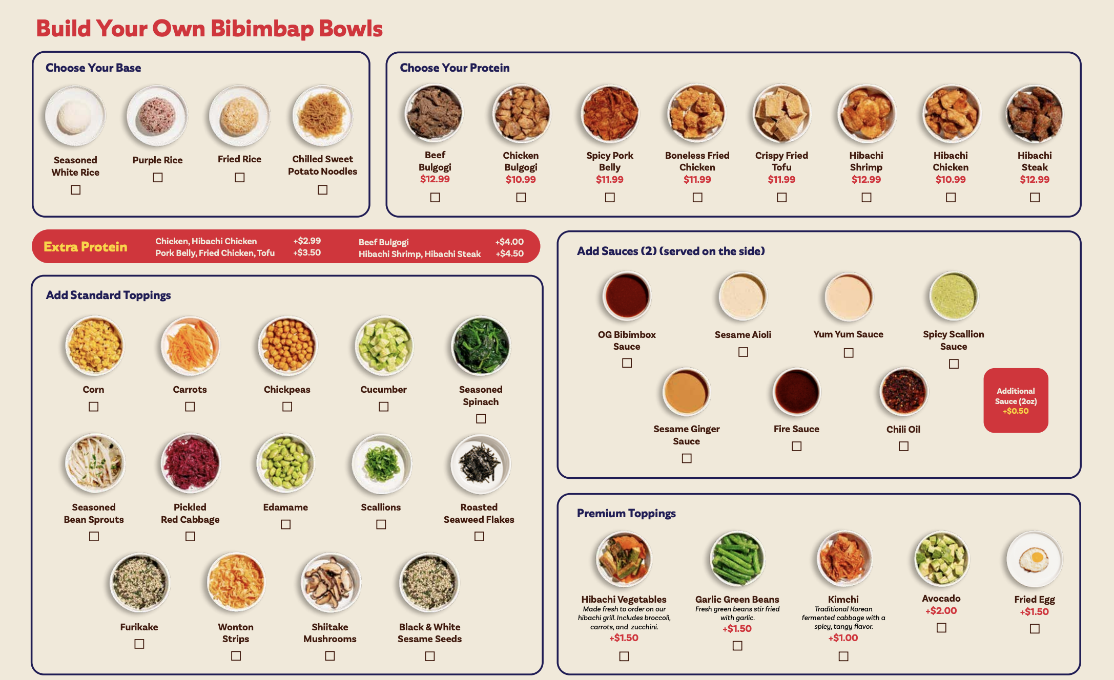 Build your own bibimbap bowl menu using Columbia, SC food photography images.